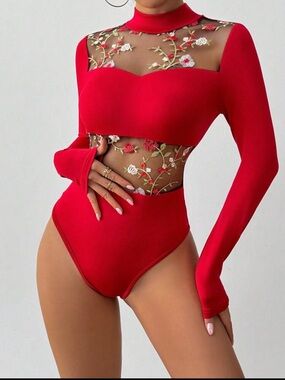 Red Sheer Floral Embroidered Long-Sleeve Bodysuit